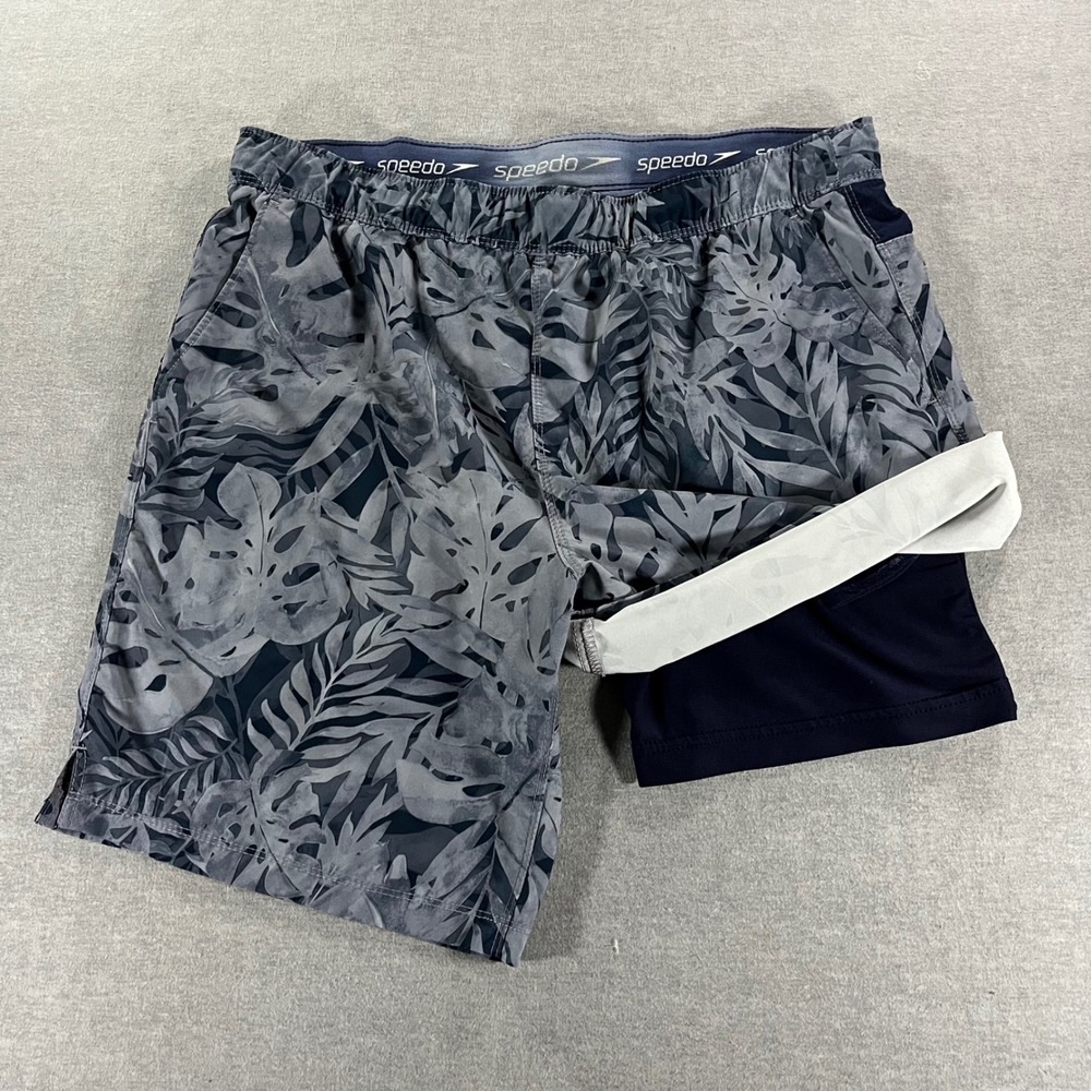 Speedo Mens Gray Tropical Monstera Print Swim Shorts Compression Liner Medium